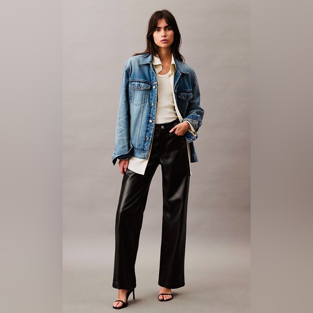 NWT Calvin Klein Black Vegan Leather Wide Leg Pants 90s Style sz 14